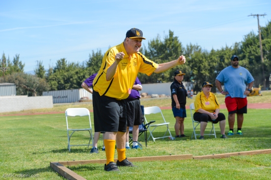 Special Olympics Southern California LA/SGV Pomona Area Games April 22, 2017 Long Beach bocce athlete, celebrating with character